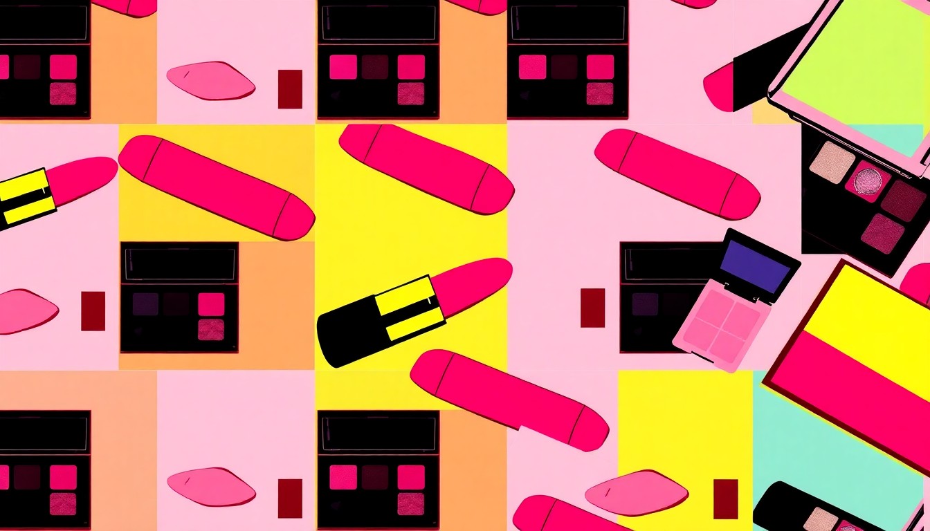 A high-contrast, silkscreen-style illustration featuring a repeated pattern of a Korean beauty product, such as a lip tint or eye shadow palette, in a grid of bright, neon-inspired colors and bold black outlines, capturing the pop art aesthetic and conceptual celebration of the rise of K-beauty in the global market.