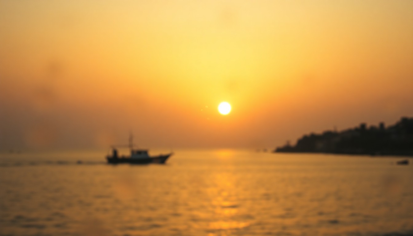 An impressionistic, out-of-focus scene depicting a small fishing boat on calm waters, with a hazy, sun-dappled sky in the background, conveying the tranquil mood of the spring fishing season.