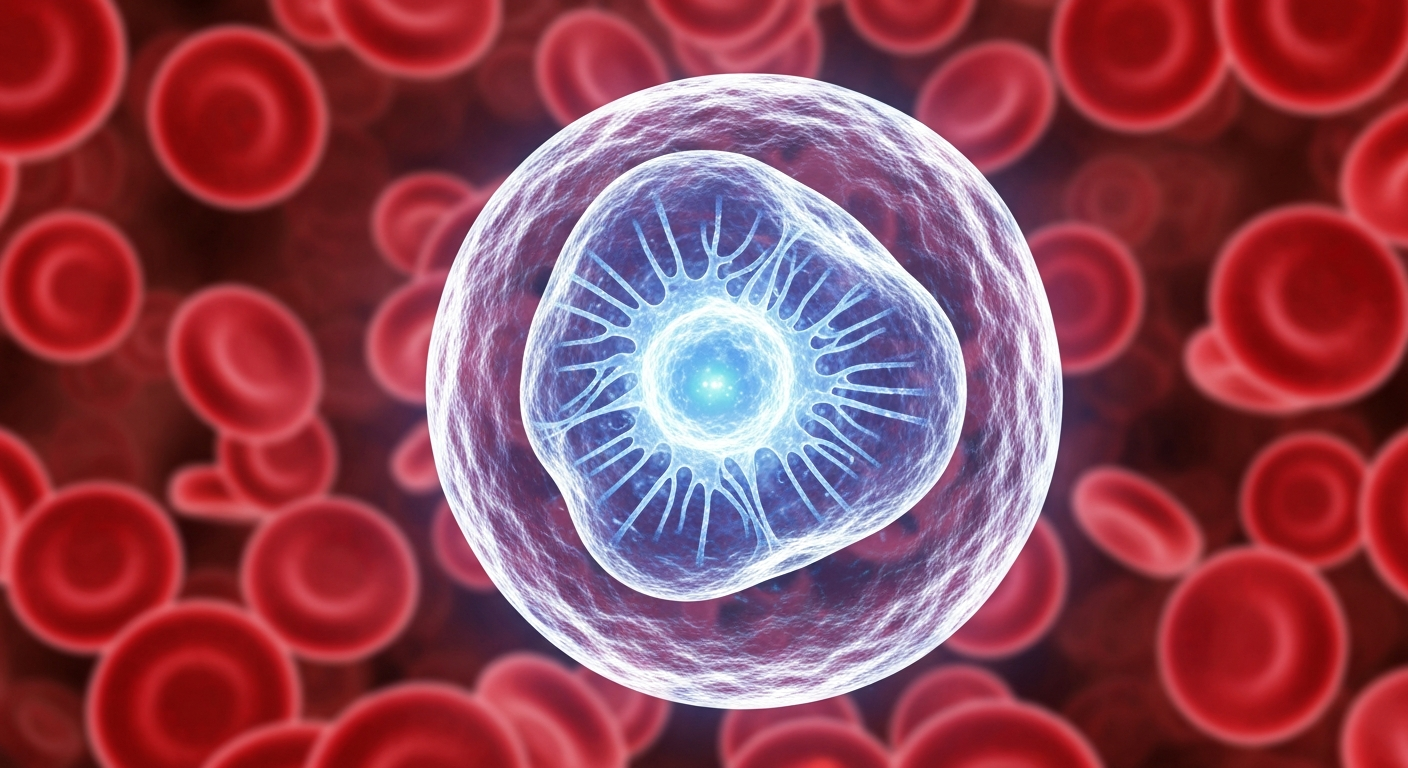 A ghostly, translucent X-ray image of a leukemia cell, its internal structures glowing with a faint blue light, surrounded by a hazy field of red blood cells, conceptually illustrating the complex mechanisms cancer cells use to avoid detection by the immune system.