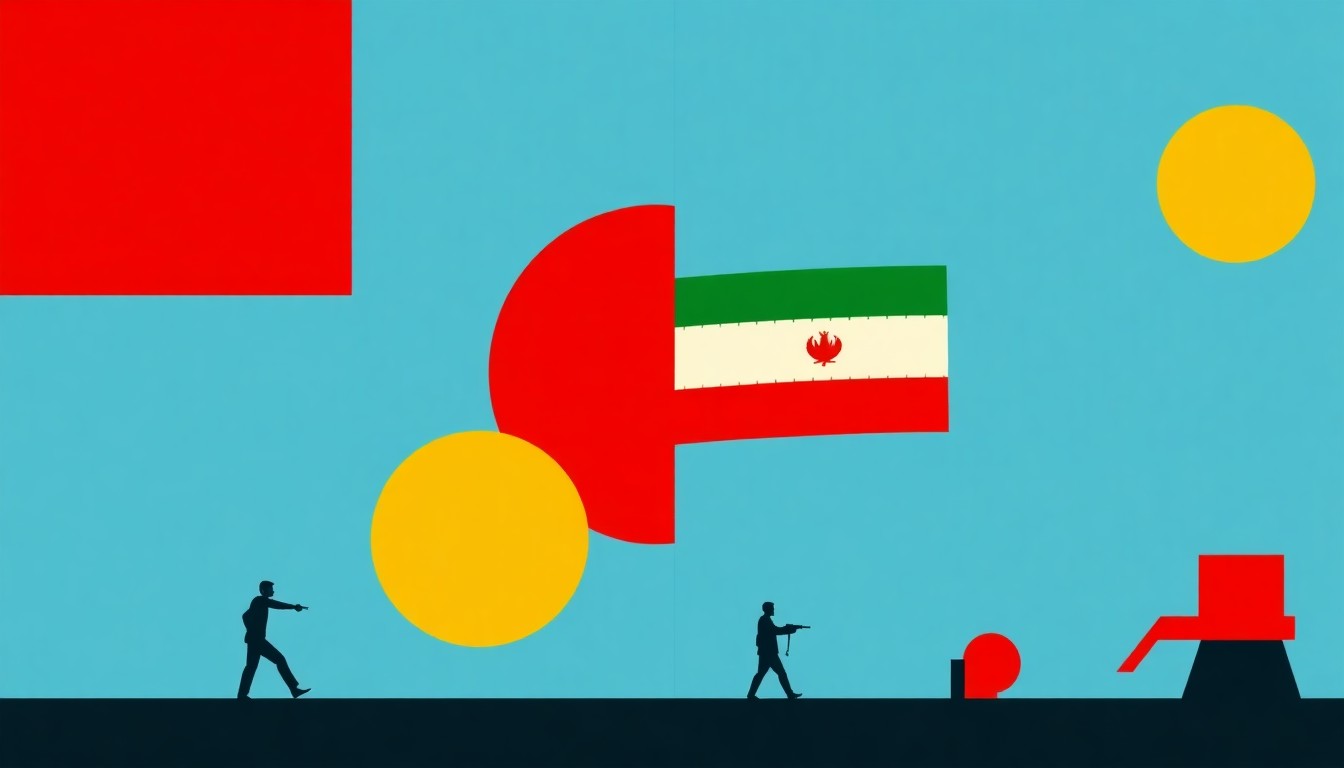 A minimalist, geometric illustration in bold primary colors, using clean lines and simple shapes to conceptually represent the contrast between consumers' short-term inflation fears and their long-term economic resilience in the face of geopolitical tensions.