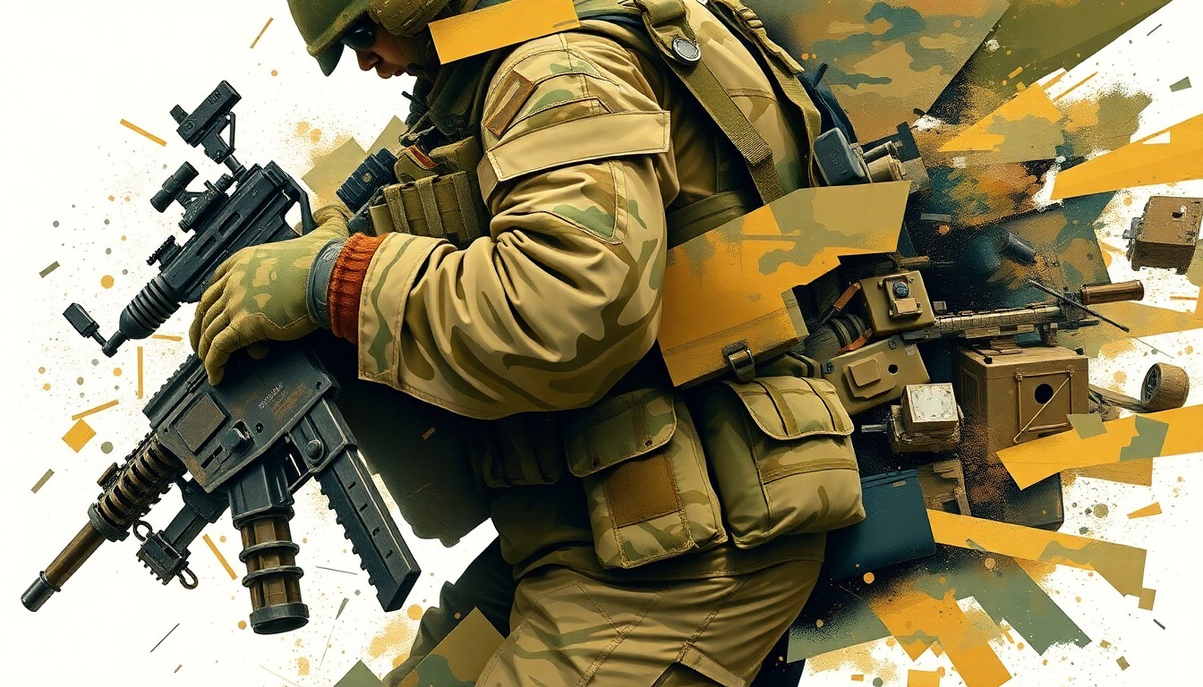 A vibrant, abstract painting depicting a soldier's uniform and gear in overlapping, geometric waves of olive, khaki, and camouflage colors, conveying the energy and motion of military preparedness.