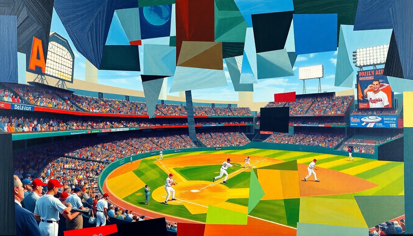 A heavily fragmented, cubist-style painting depicting the chaotic final moments of a baseball game, with overlapping geometric shapes and planes of color representing the frantic action on the field.