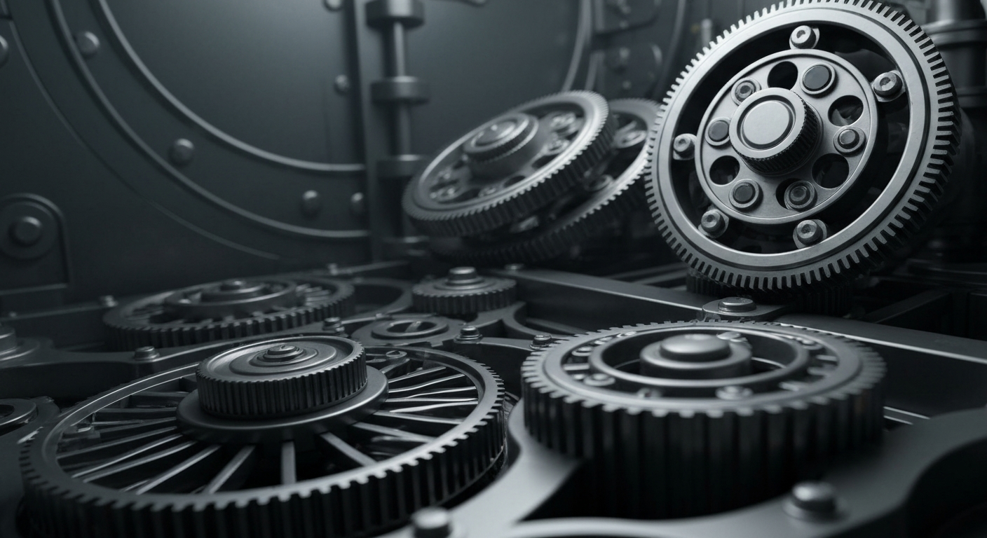 An extreme close-up of the heavy, industrial gears and mechanisms of a high-tech banking vault, representing the financial security and institutional power of Netflix's streaming infrastructure.