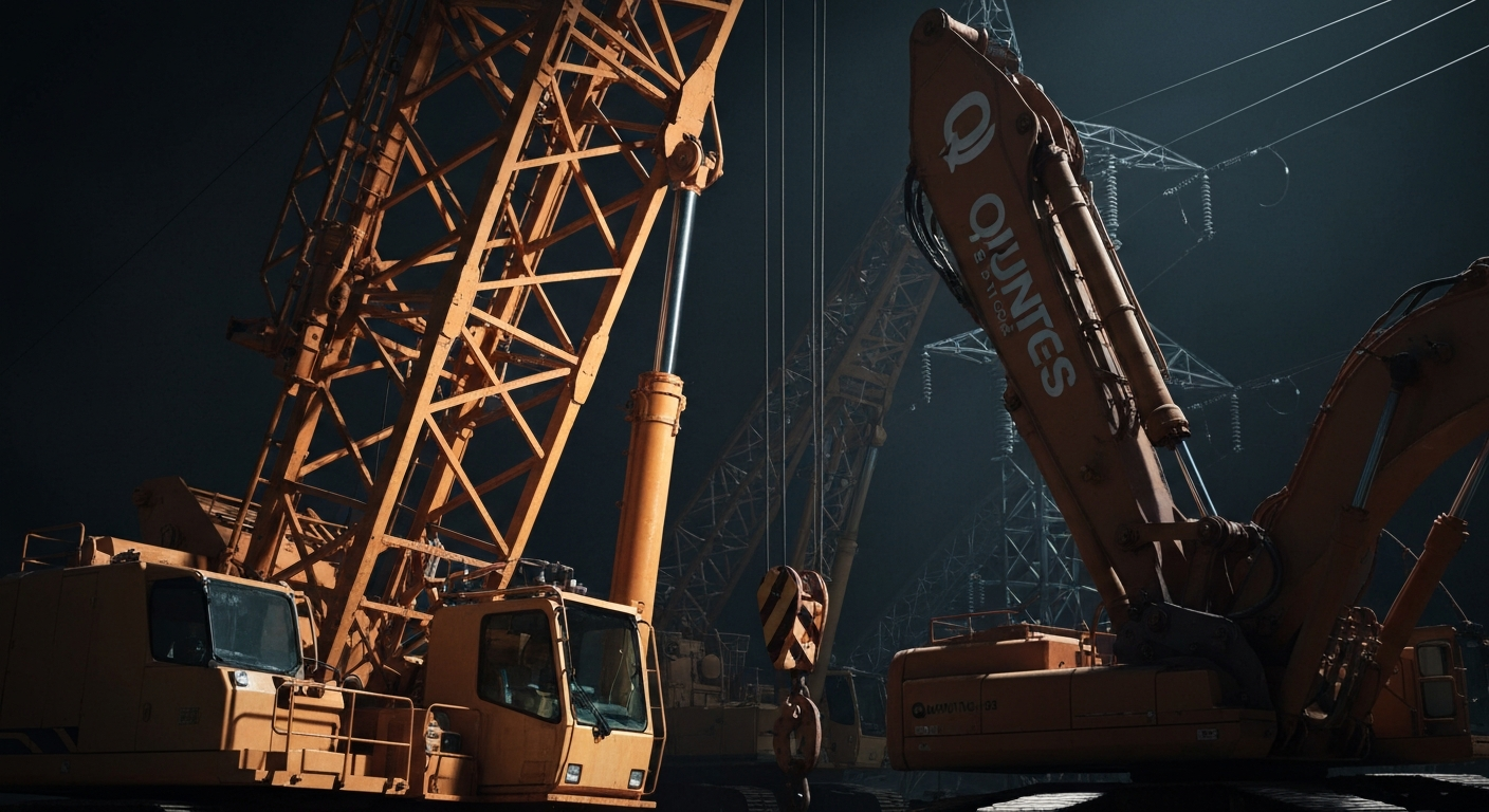 An extreme close-up of heavy, industrial construction machinery and equipment used by Quanta Services, dramatically lit against a dark background, conceptually representing the company's vital role in building critical infrastructure.
