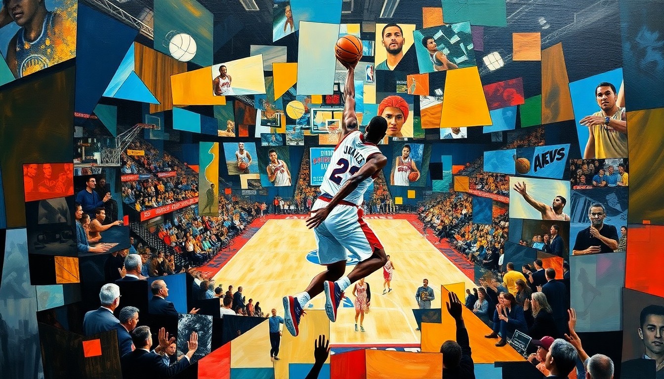 A cubist, geometric painting depicting the dynamic movements of a basketball player on a basketball court, with the energy and excitement of an NBA arena expressed through sharp, overlapping shapes and planes of color.