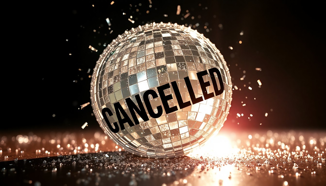 An abstract close-up photograph of shattered, glittering glass fragments in dramatic studio lighting, conveying the disappointment and disruption of a major music festival performance being cancelled.