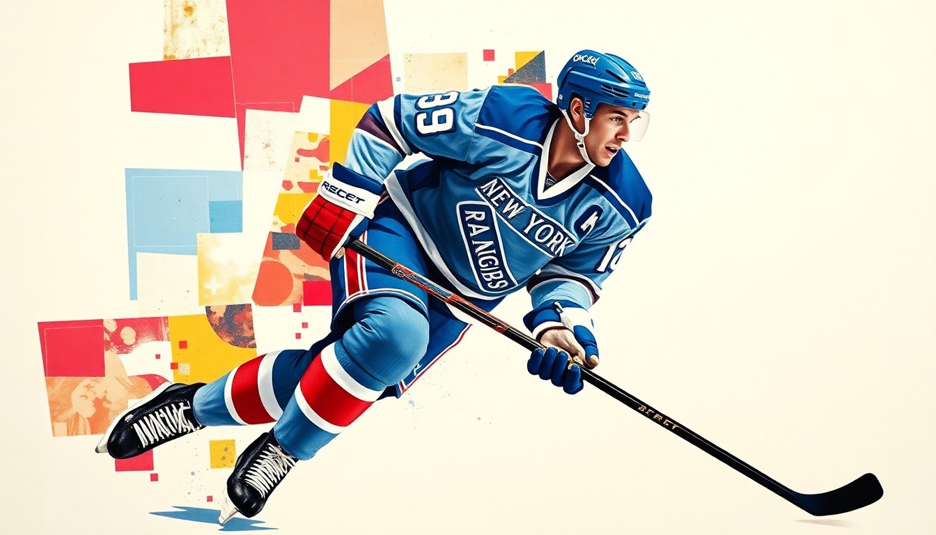A cubist-style painting depicting a hockey player in action, with their body broken down into sharp, overlapping geometric shapes and planes, conveying the fragmented nature of the player's injury-plagued season.