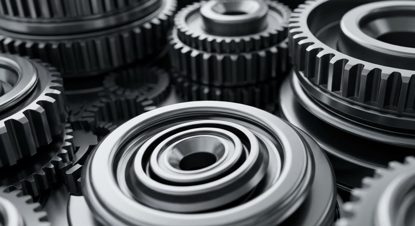 A highly detailed, cinematic close-up image of the intricate metal gears and machinery that represent the inner workings of the semiconductor industry, conveying a sense of the technical complexity and industrial might behind Micron Technology's operations.