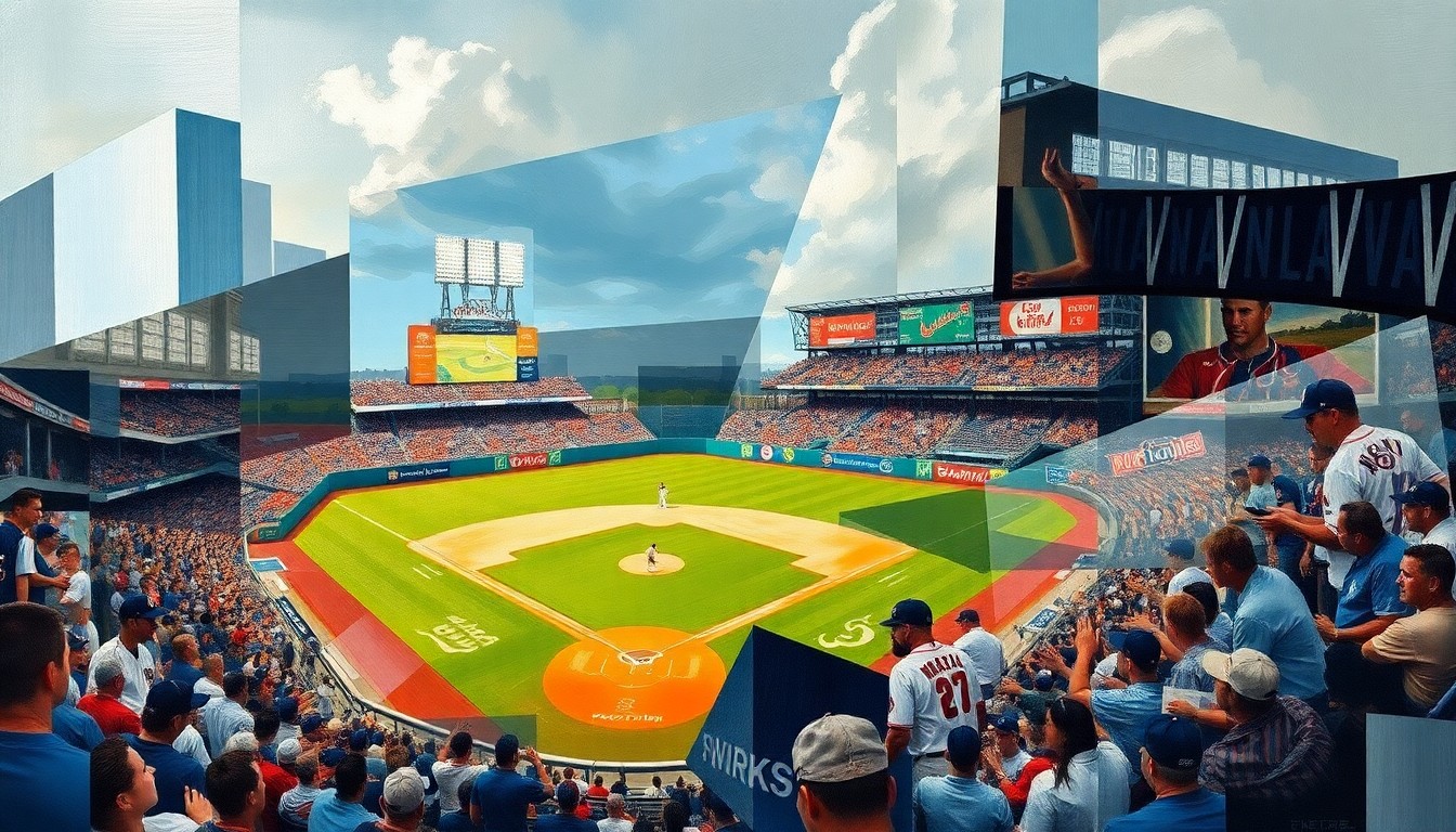 A fragmented, geometric painting depicting a baseball game, with players and the field broken down into sharp, overlapping shapes and planes, conveying the unpredictable nature of the sport.