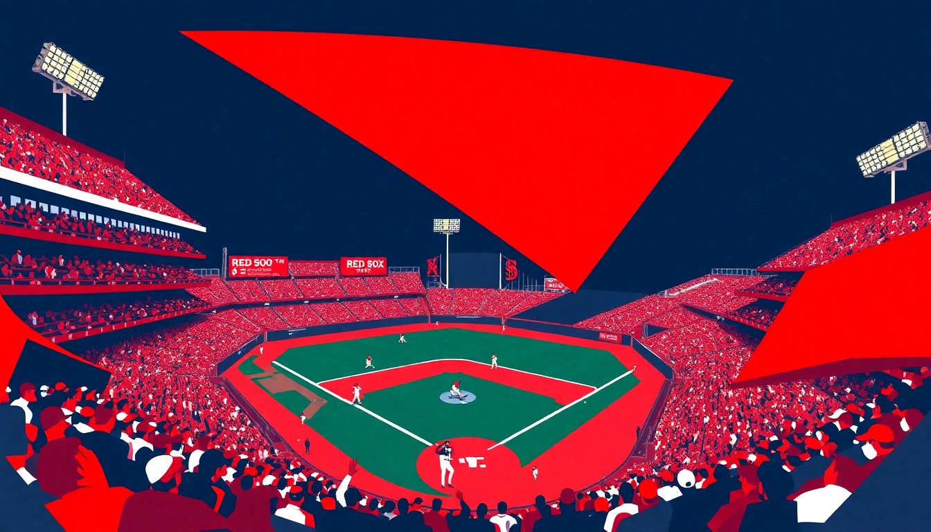 A fractured, multi-perspective painting in the style of Pablo Picasso, breaking down a Red Sox spring training game into sharp, overlapping geometric planes of vibrant red, navy blue, and white, capturing the dynamic action and competitive spirit of the team's preparations for the new season.