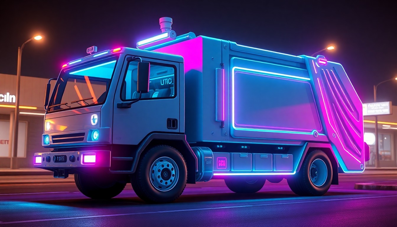 A highly detailed, 3D illustration of a glowing, futuristic electric garbage truck with recognizable tech elements like sensors and cameras illuminated by neon cyan and magenta lights, conceptually representing Commerce City's innovative approach to sustainable waste management.