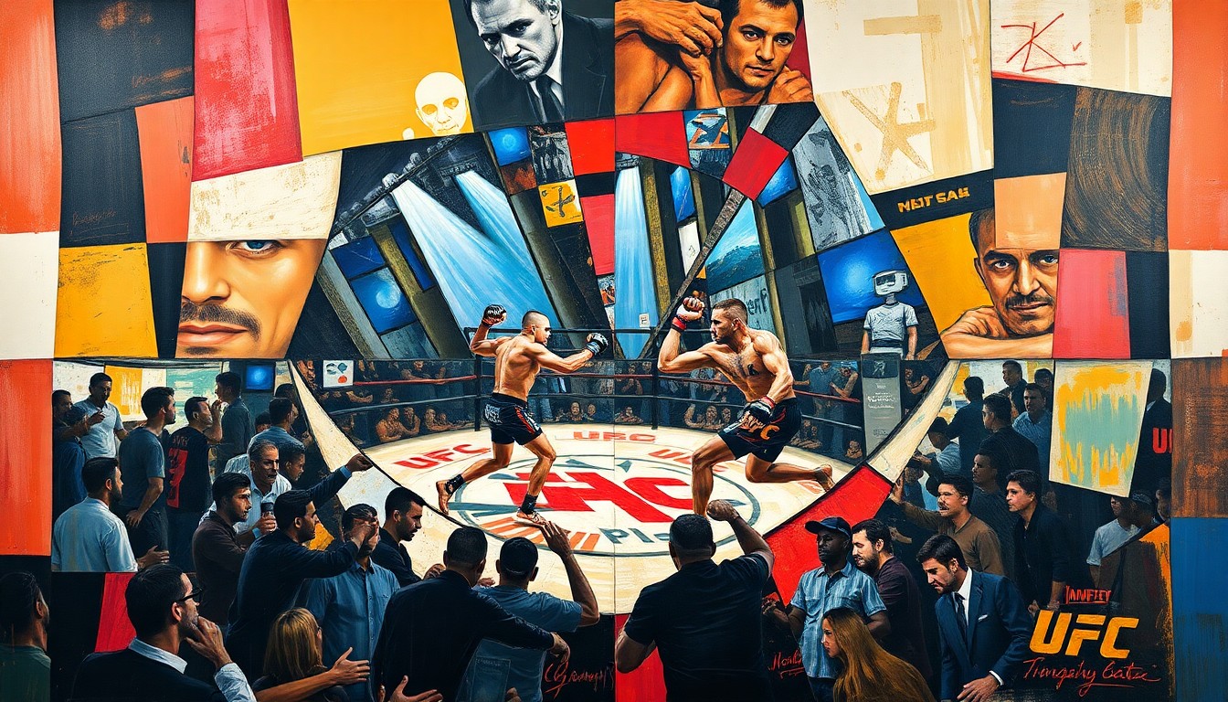 A cubist-style painting depicting a fragmented, abstract scene of a UFC fight, with sharp geometric shapes and planes representing the various elements and perspectives involved.