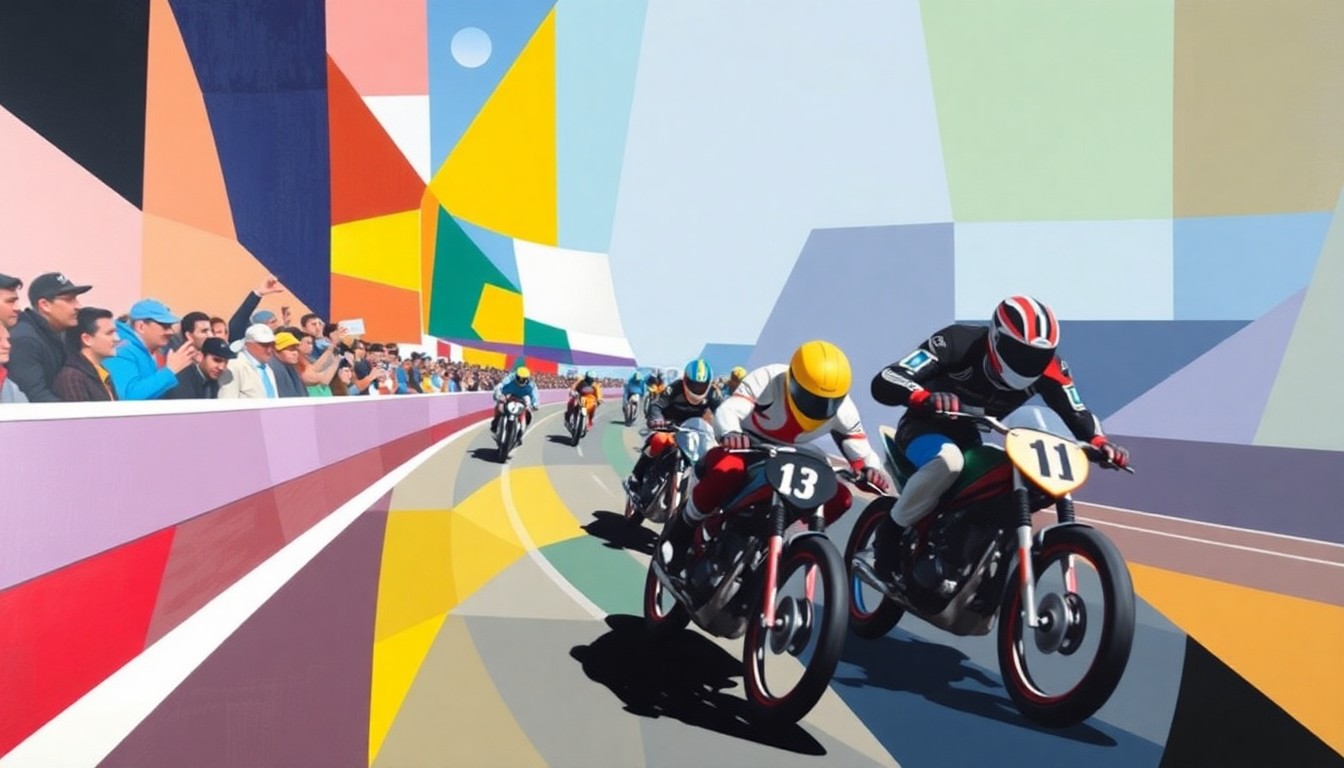 A fragmented, cubist-style painting depicting the dynamic motion and energy of a speedway race, with the team colors of Northampton and their opponents blending together in an abstract, geometric composition.
