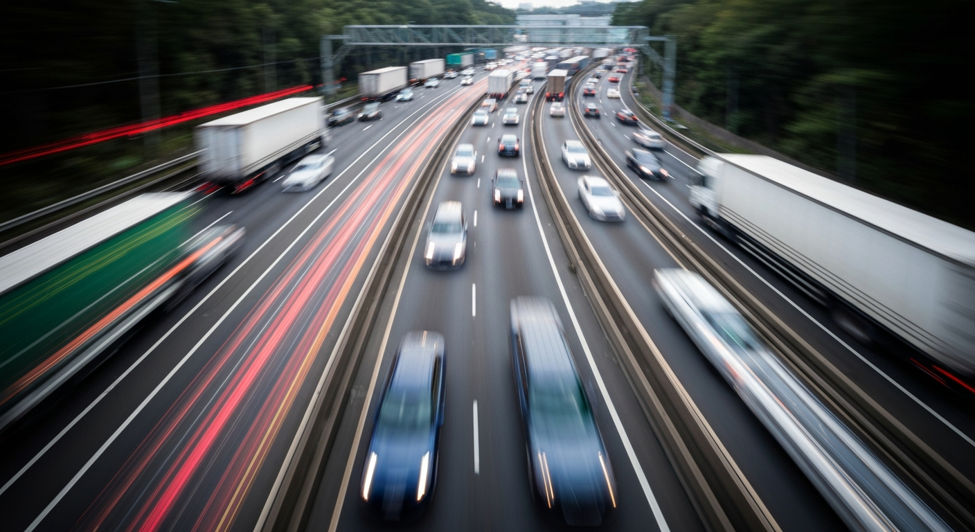 An abstract, colorful image of a busy highway with vehicles blurred into streaks of motion, conceptually representing the potential impact of expanding Route 28 in Manassas.