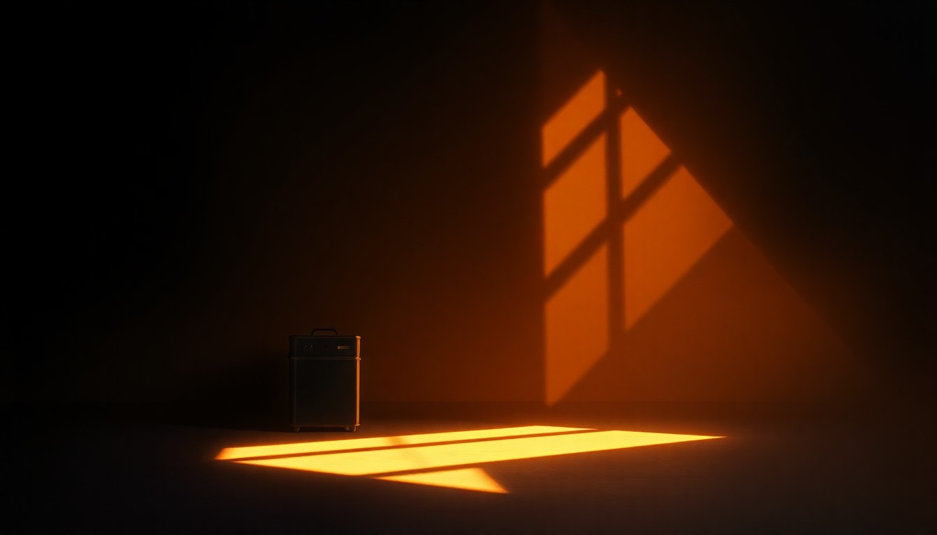 A dimly lit, cinematic painting depicting an empty government building or political office space, with warm sunlight streaming in through the windows and deep shadows casting a sense of solemnity and contemplation over the scene.