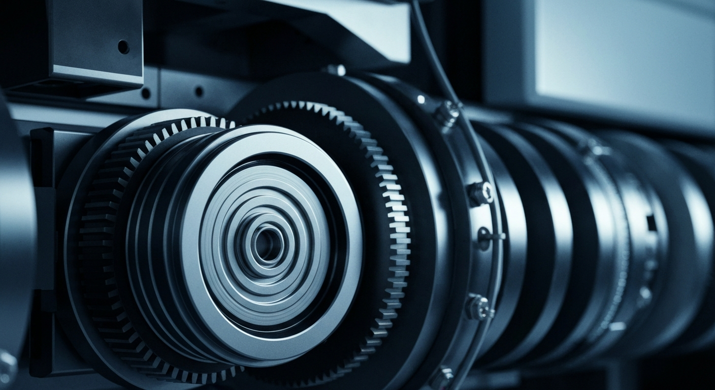 An extreme close-up of the inner workings of a complex semiconductor manufacturing machine, with gears, circuits, and metallic components filling the frame in a high-contrast, industrial style.