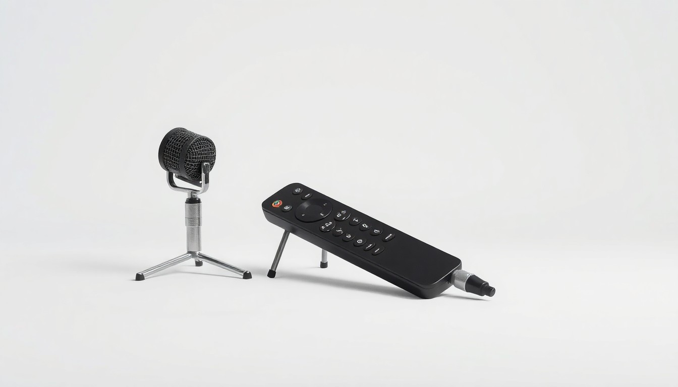A minimalist, high-contrast studio photograph featuring a sleek TV remote control and a microphone on a plain, monochromatic background, symbolizing the shifting power dynamics and uncertain future of the media industry.