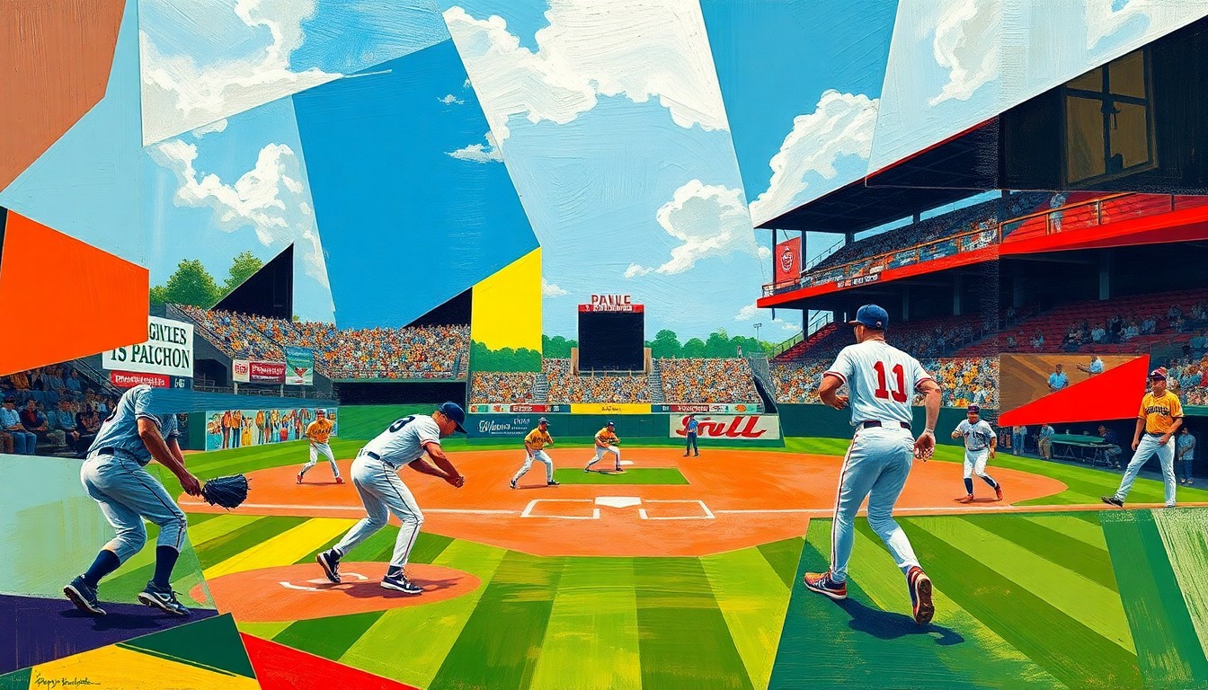 A fragmented, geometric painting in the style of Pablo Picasso, depicting a high school baseball game broken down into sharp, overlapping planes of color and shape, conveying the intensity and movement of the sport.