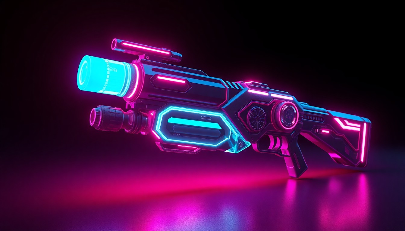 A highly detailed, glowing 3D illustration of a futuristic hero shooter weapon or gadget, rendered in neon cyan and magenta tones against a dark, shadowy backdrop, conceptually representing the anticipation and speculation around Highguard's mysterious release.