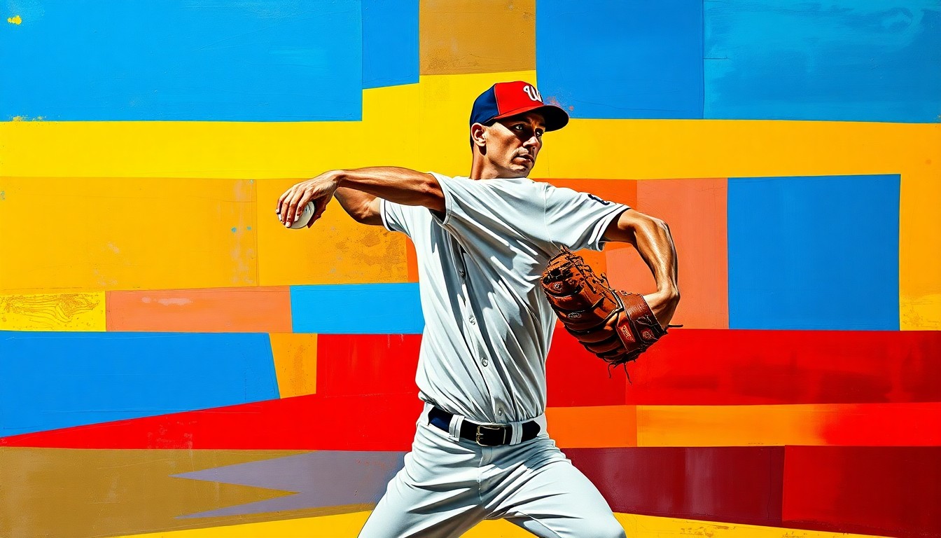 A fractured, multi-perspective painting depicting a baseball pitcher's windup and delivery, broken down into sharp, overlapping geometric planes in vibrant colors, capturing the dynamic and unpredictable nature of the Orioles' pitching rotation.