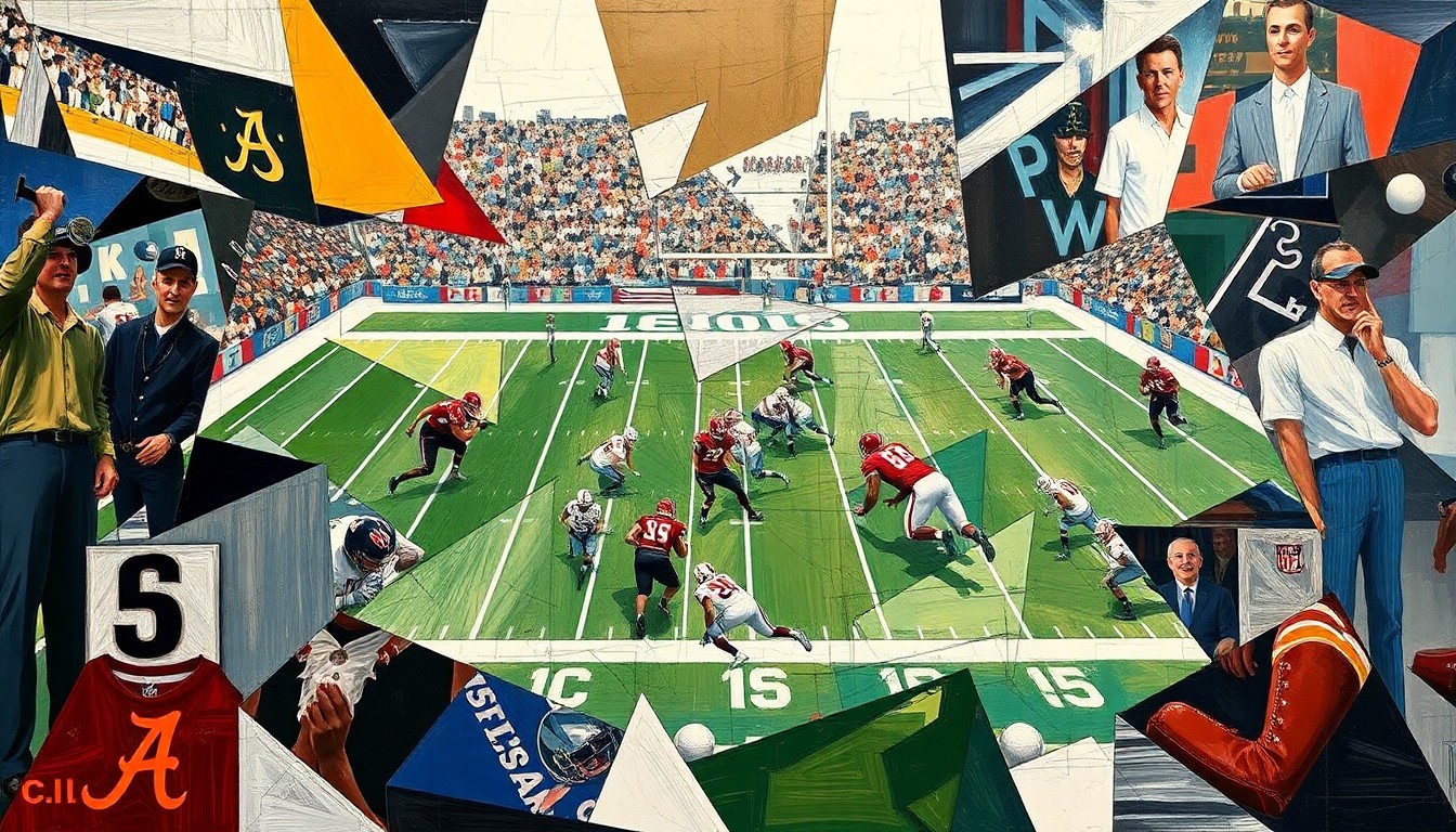 A cubist, geometric painting depicting a fragmented football field and players, representing the complex challenges facing Alabama's offense under its new coordinator.