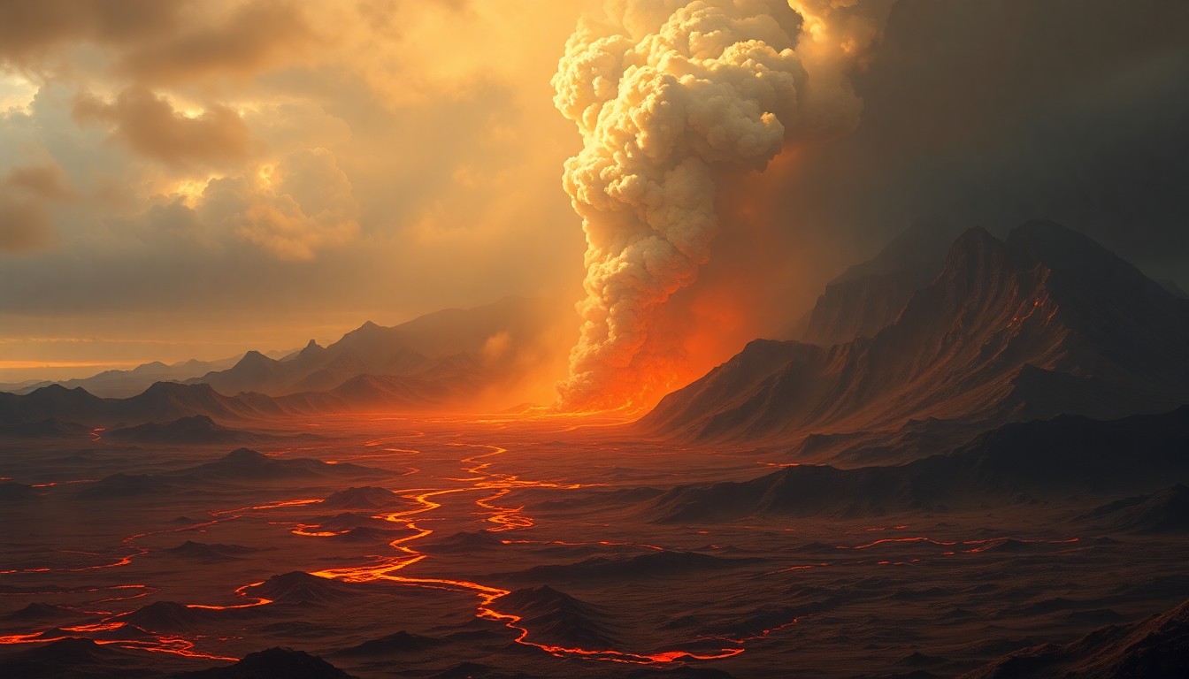 A sweeping, atmospheric landscape painting depicting a massive volcanic eruption on the Big Island of Hawaii, with lava fountains and an ash plume dominating the scene and dwarfing any visible physical structures or landmarks.