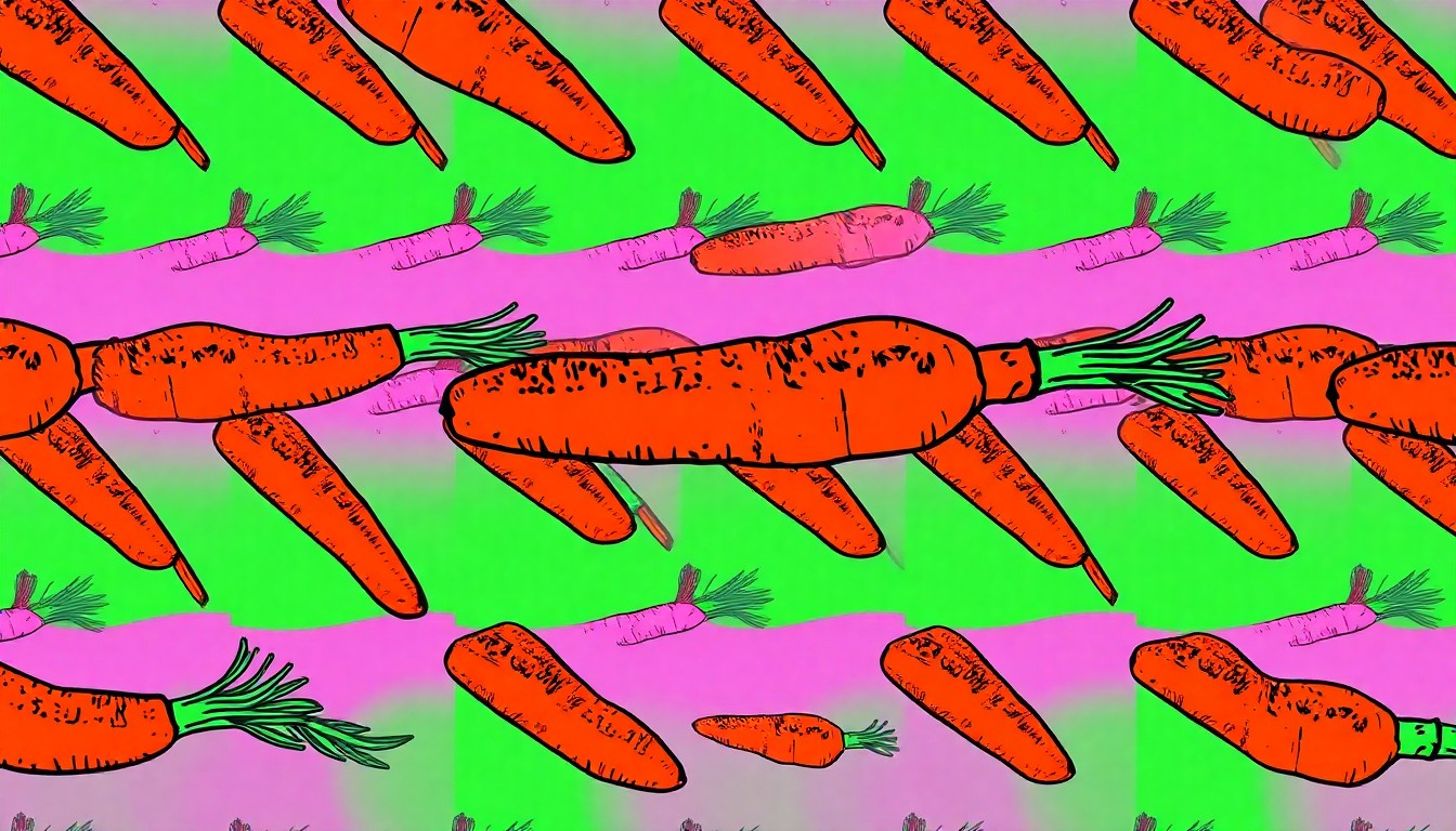 A grid of brightly colored, high-contrast silkscreen prints of a single roasted carrot coated in blackened seasoning, rendered in a bold, graphic style reminiscent of Andy Warhol's pop art.