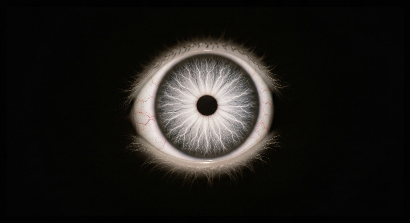 A highly detailed, translucent X-ray photograph of a human eye, with the delicate structures and blood vessels visible as glowing lines against a dark background, conveying the intricate nature of eye health.