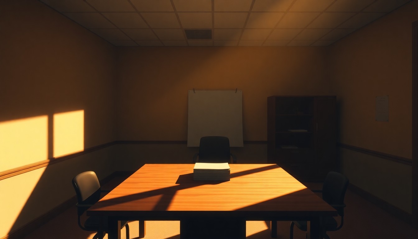 A serene, photorealistic painting of a government office desk in a warm, sunlit room, conveying a sense of bureaucratic transition and change.