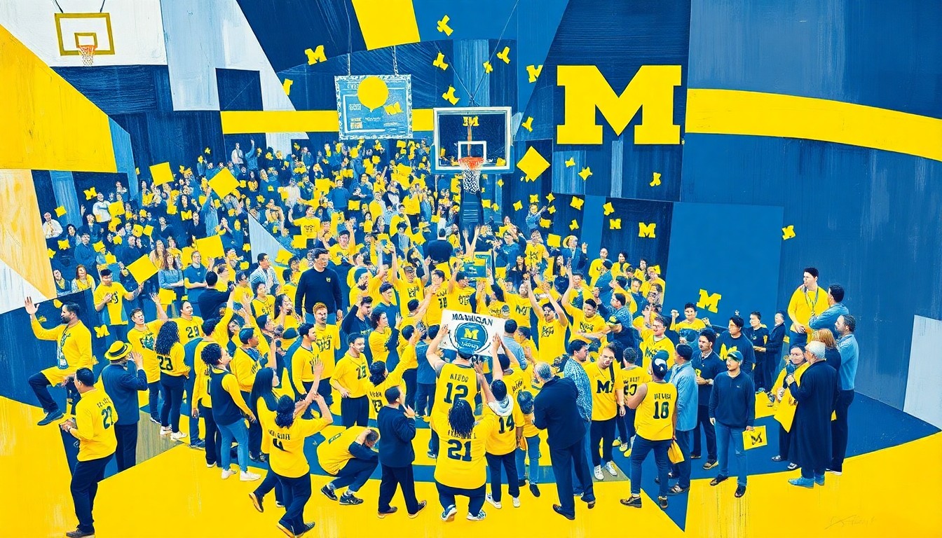 A fractured, cubist-style painting depicting a Michigan basketball championship celebration, with overlapping geometric shapes and planes in the team's signature maize and blue colors.