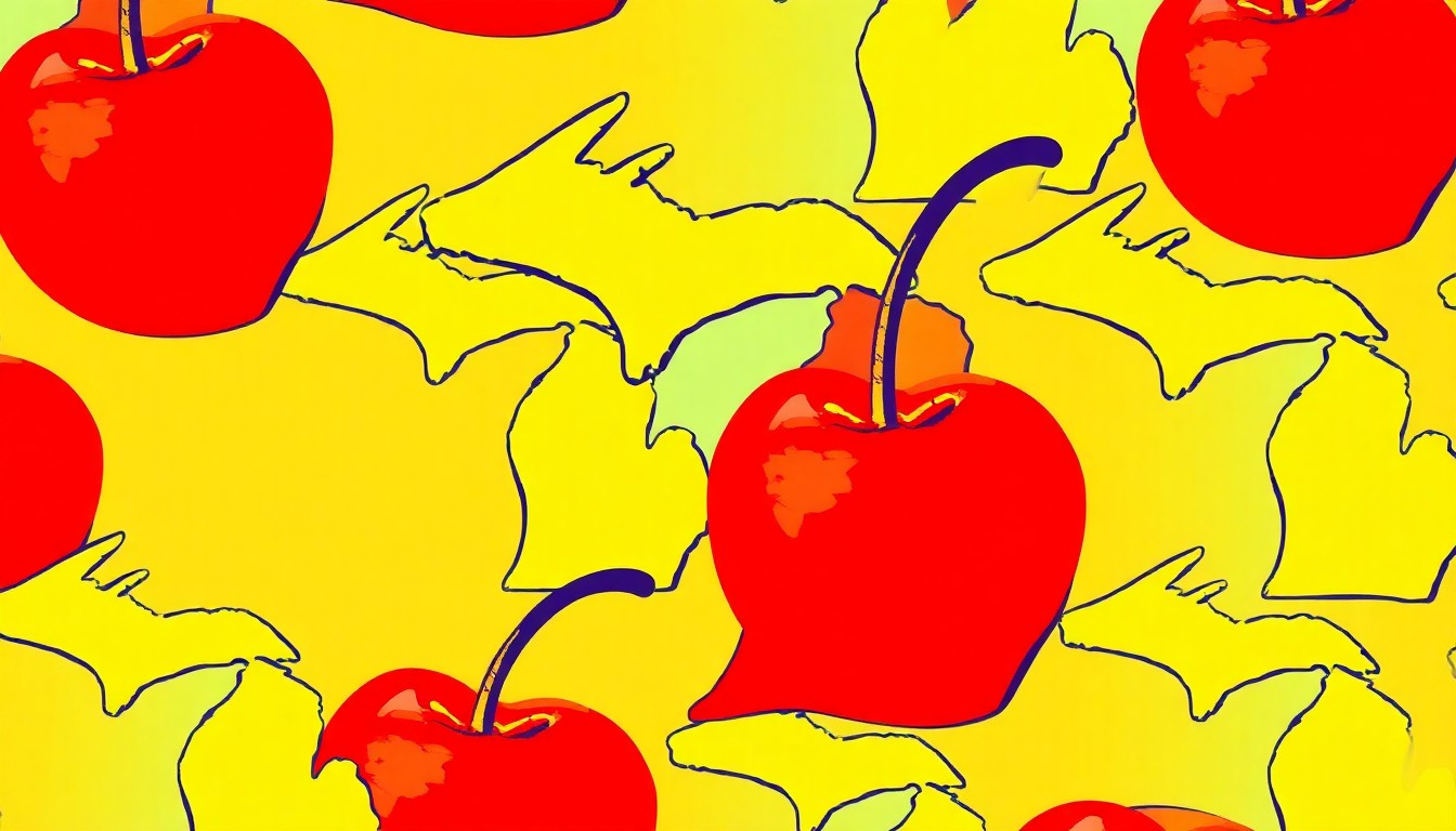 A brightly colored, high-contrast silkscreen print of a single, iconic Michigan food or drink item, such as a cherry, craft beer, or pastry, repeated in a tight grid pattern in the style of Andy Warhol. The image utilizes flat, vibrant, and unnatural neon color palettes overlapping with heavy black photographic outlines to turn everyday Michigan cuisine into modern pop art.