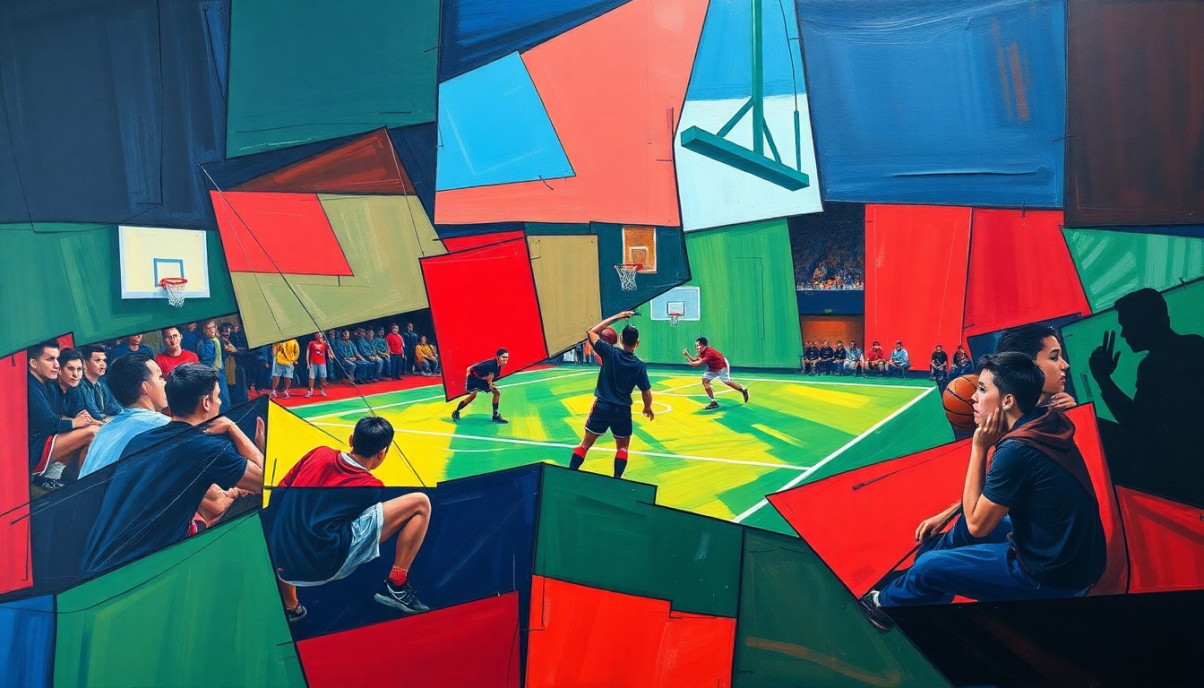 A fragmented, geometric painting depicting a youth sports scene, with sharp planes of color and overlapping perspectives, conveying the nuanced nature of participation rates and the need for a fresh approach.