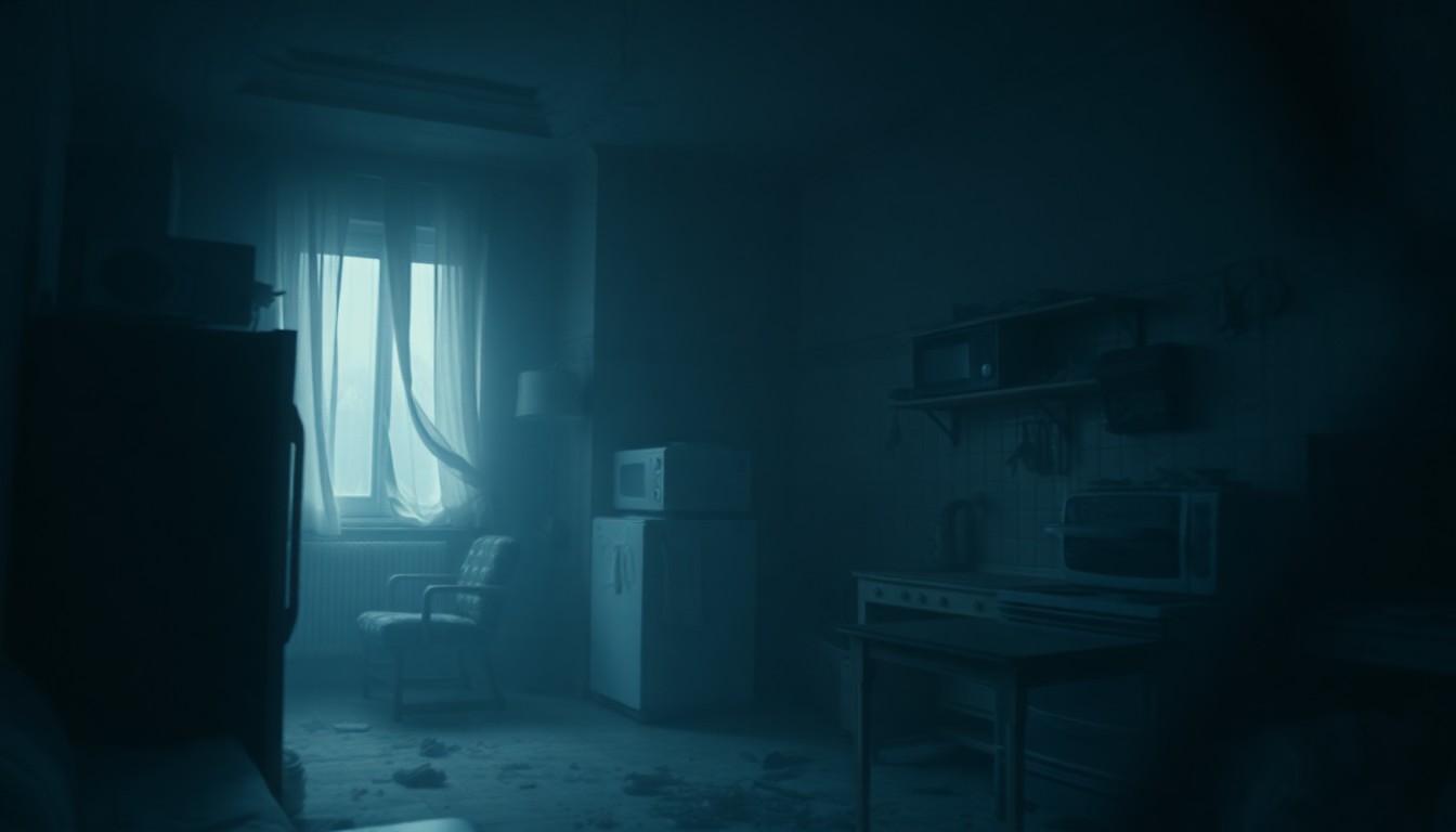 An extremely abstracted, out-of-focus photograph of a dilapidated apartment interior with broken appliances and fixtures, conveying a sense of neglect and instability through muted tones of gray, brown, and blue.