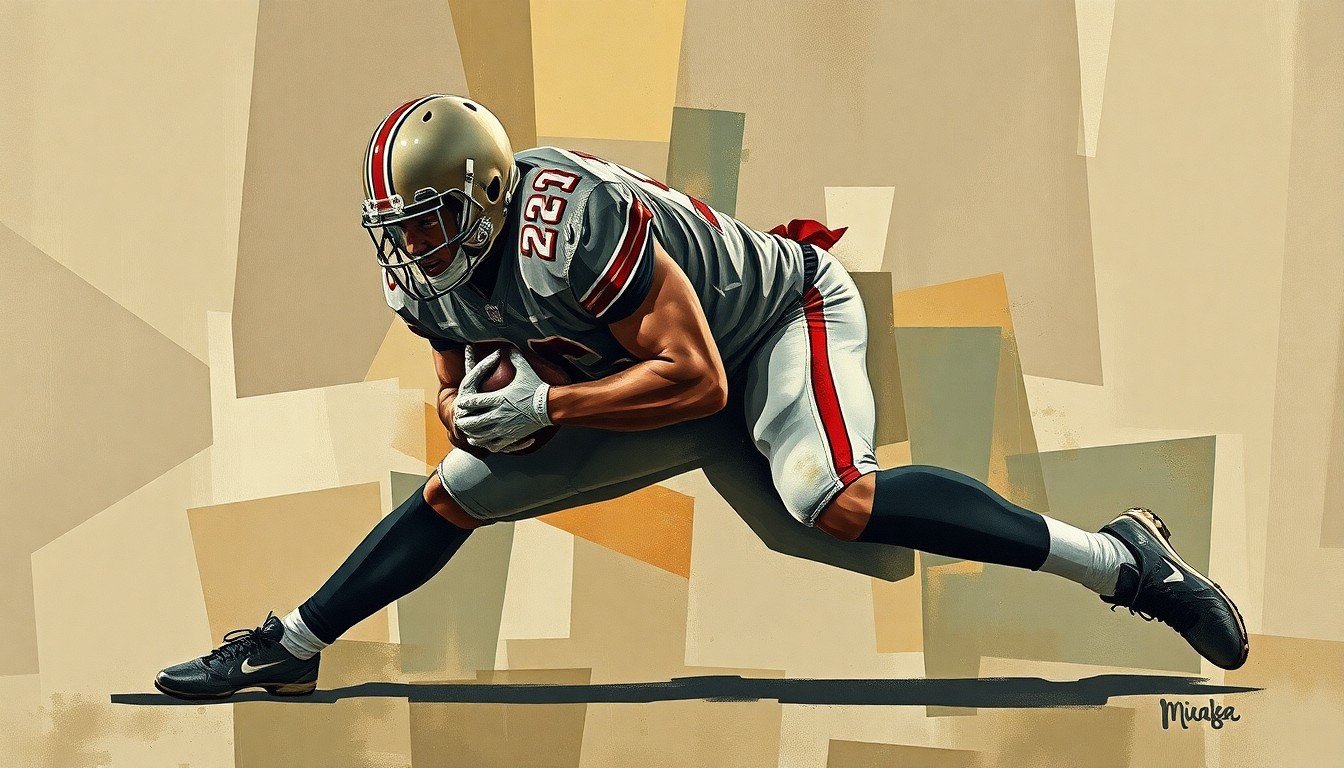 A fragmented, geometric painting depicting a linebacker making a tackle, with sharp planes of brown, grey, and green overlapping to create a dynamic, abstract representation of the action.