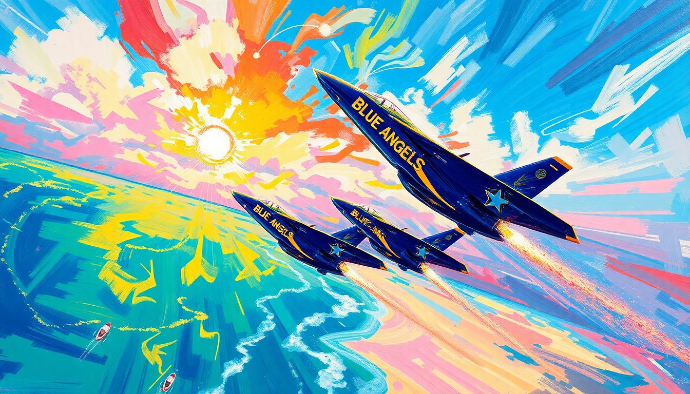 A dynamic, abstract painting in neon colors depicting the Blue Angels' fighter jets soaring through the air, with blurred, energetic brushstrokes conveying the speed and intensity of their aerial performance.