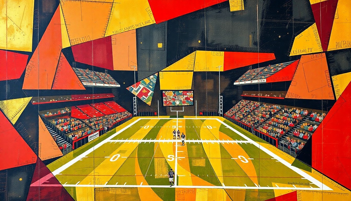 A cubist, geometric illustration depicting a football game broken down into overlapping planes of red, gold, and black, conveying the complex and multifaceted nature of the NFL draft process.