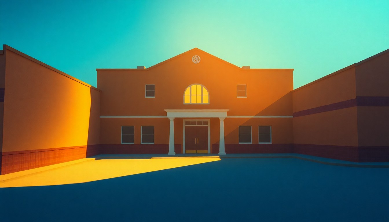 A solitary, two-story community building stands alone in a quiet town, its windows casting long shadows across the pavement in the warm afternoon light. The scene has a contemplative, nostalgic mood, capturing the difficulty rural areas face in recruiting local leaders.