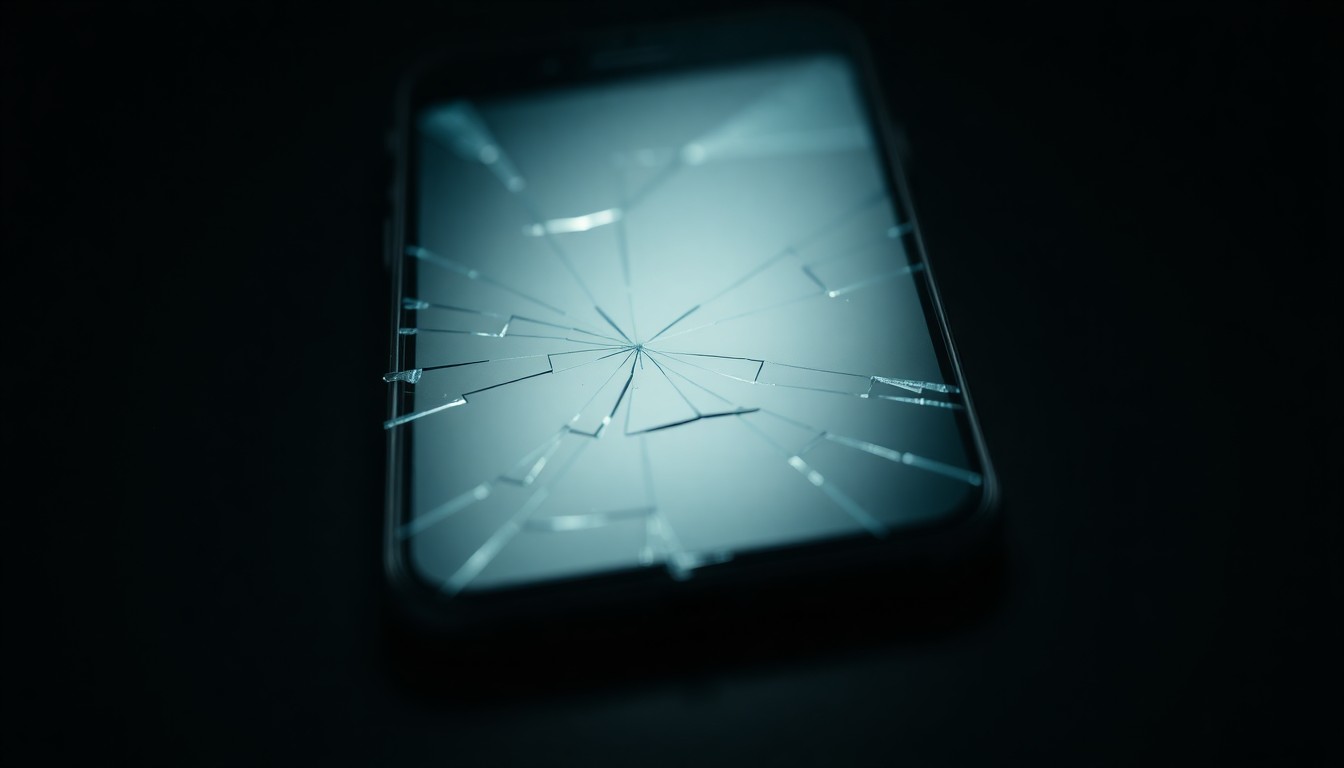 An extreme close-up photograph of a broken mobile phone screen, the cracked glass reflecting a faint light, conceptually representing the digital evidence used to convict a child predator.