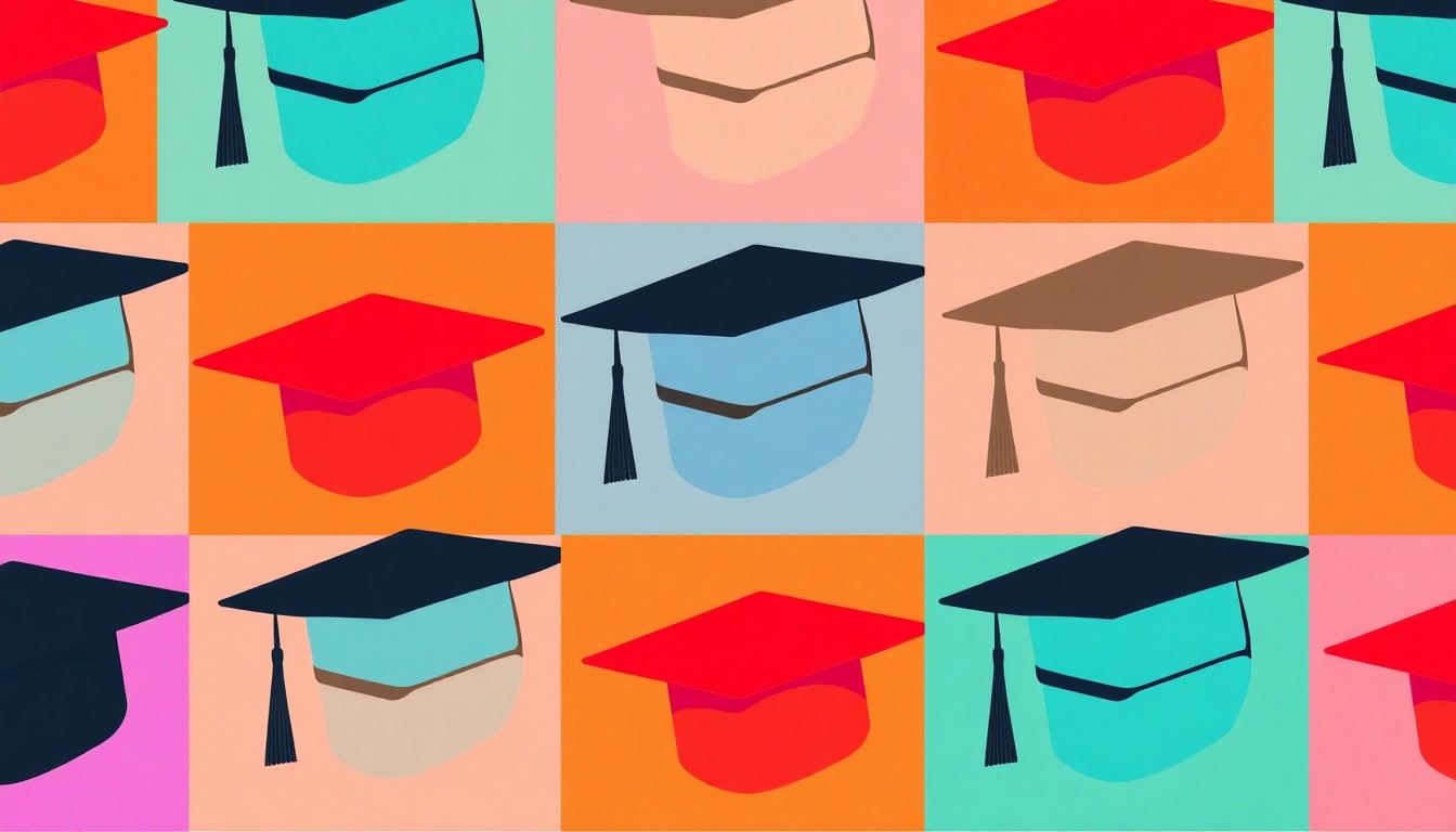 A bold, colorful silkscreen print featuring a repeating pattern of a mortar board graduation cap, conceptually representing the academic tradition and transition of leadership at a university.