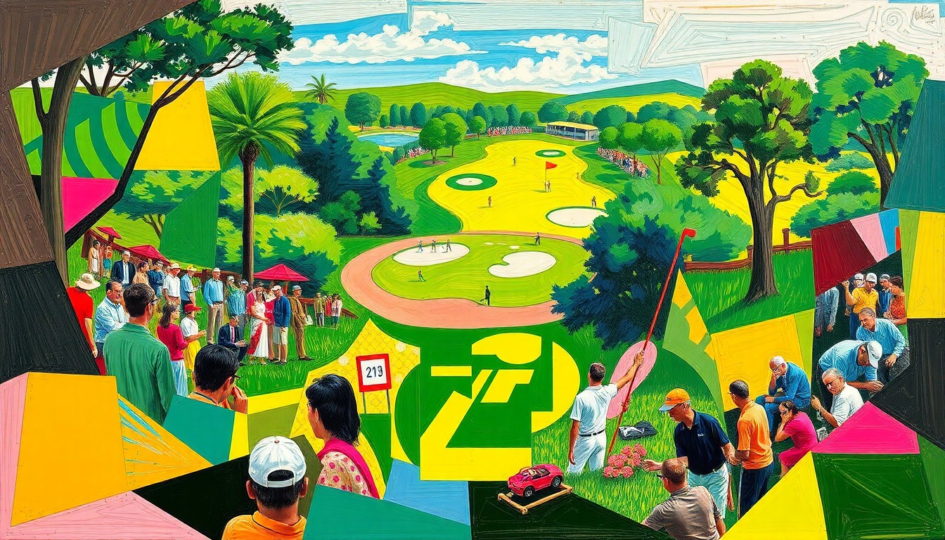 A fractured, multi-perspective painting in bold, vibrant colors featuring geometric shapes and planes that abstractly represent a golf tournament scene, evoking the creative energy and style of apparel brands' Masters-inspired collections.