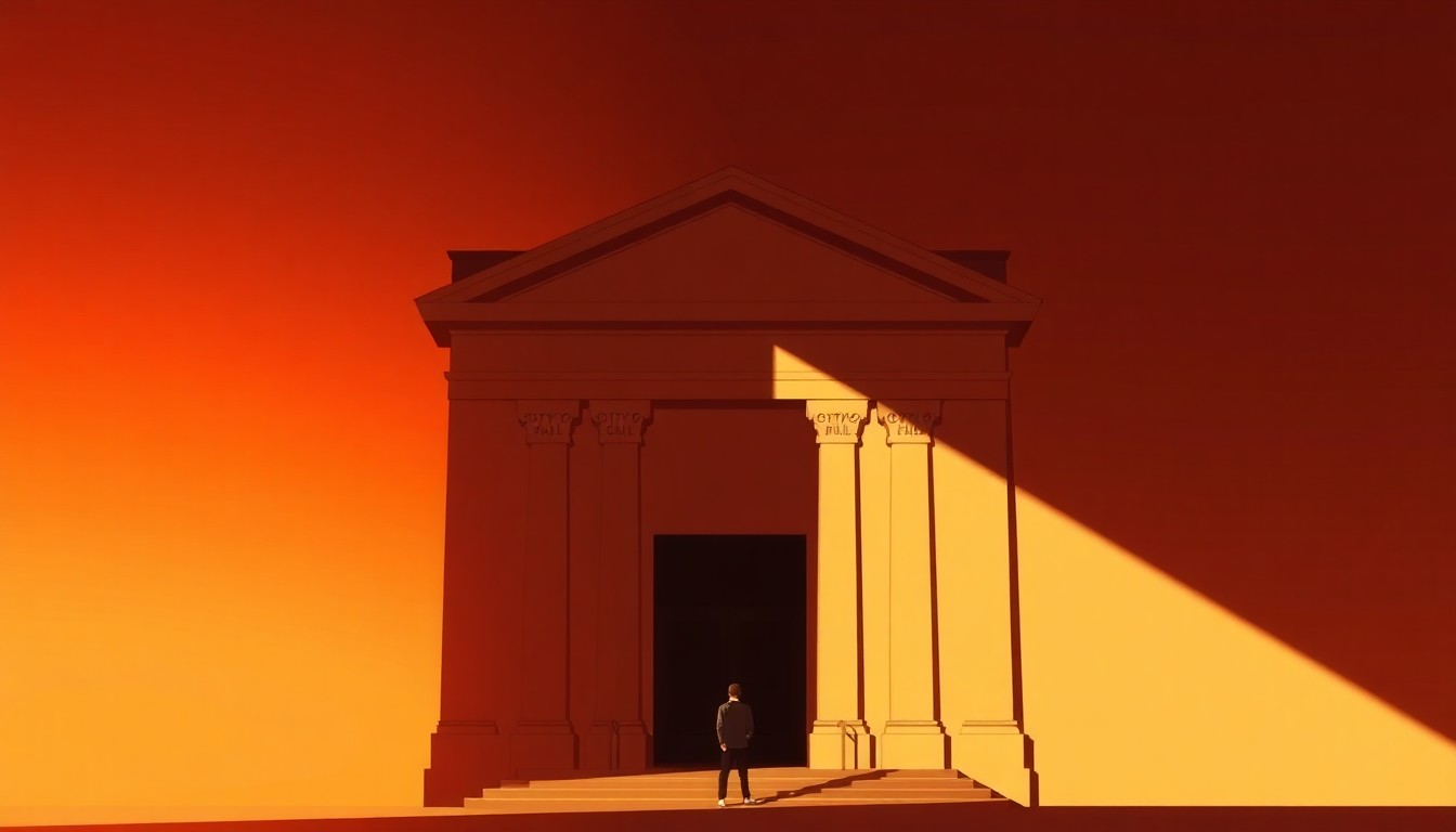 A photorealistic painting of a city hall building in warm, golden light, with a lone figure standing in front of the entrance, conveying a sense of civic responsibility and municipal governance.