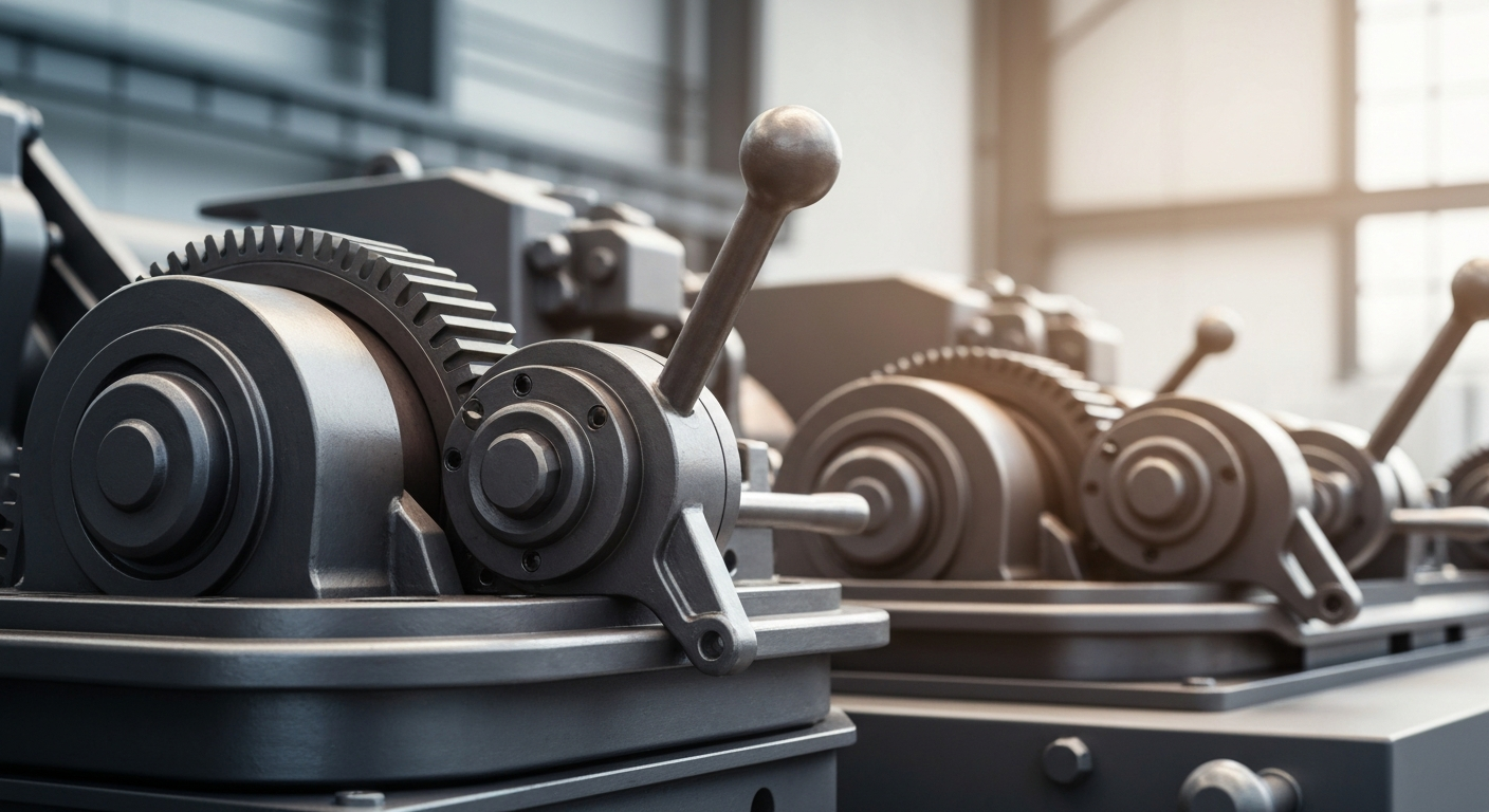 An extreme close-up of the gears, levers, and mechanisms of a large banking machine, conveying the complex, industrial nature of the financial system.