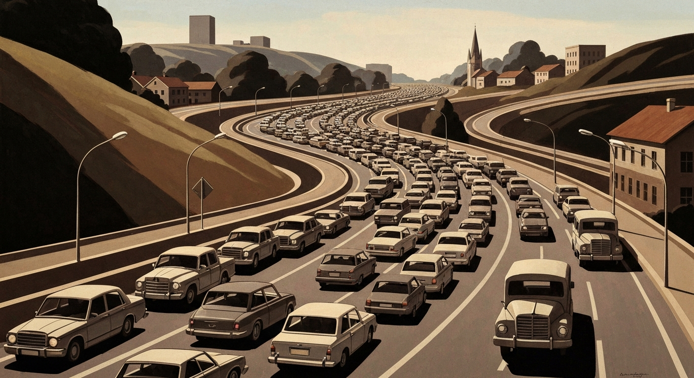A highly stylized, geometric illustration depicting a sprawling traffic jam on winding roads, with vehicles trapped in a gridlock of smooth, streamlined forms rendered in earthy tones, capturing the grand scale and frustration of the situation.
