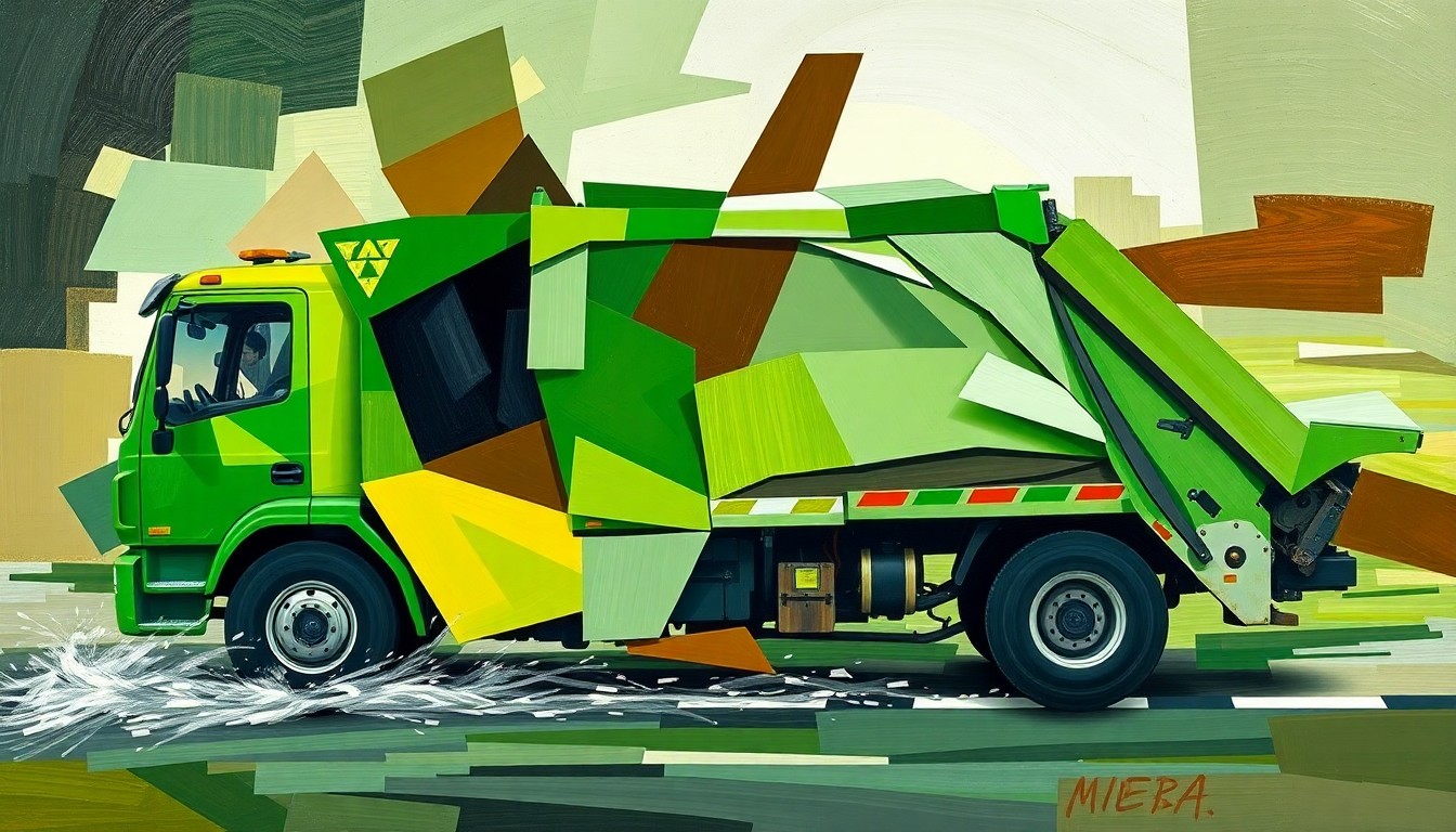 A dynamic, abstract painting featuring overlapping, fractured geometric shapes in shades of green, brown, and gray, conveying the motion and energy of a municipal garbage truck or street sweeper in motion.