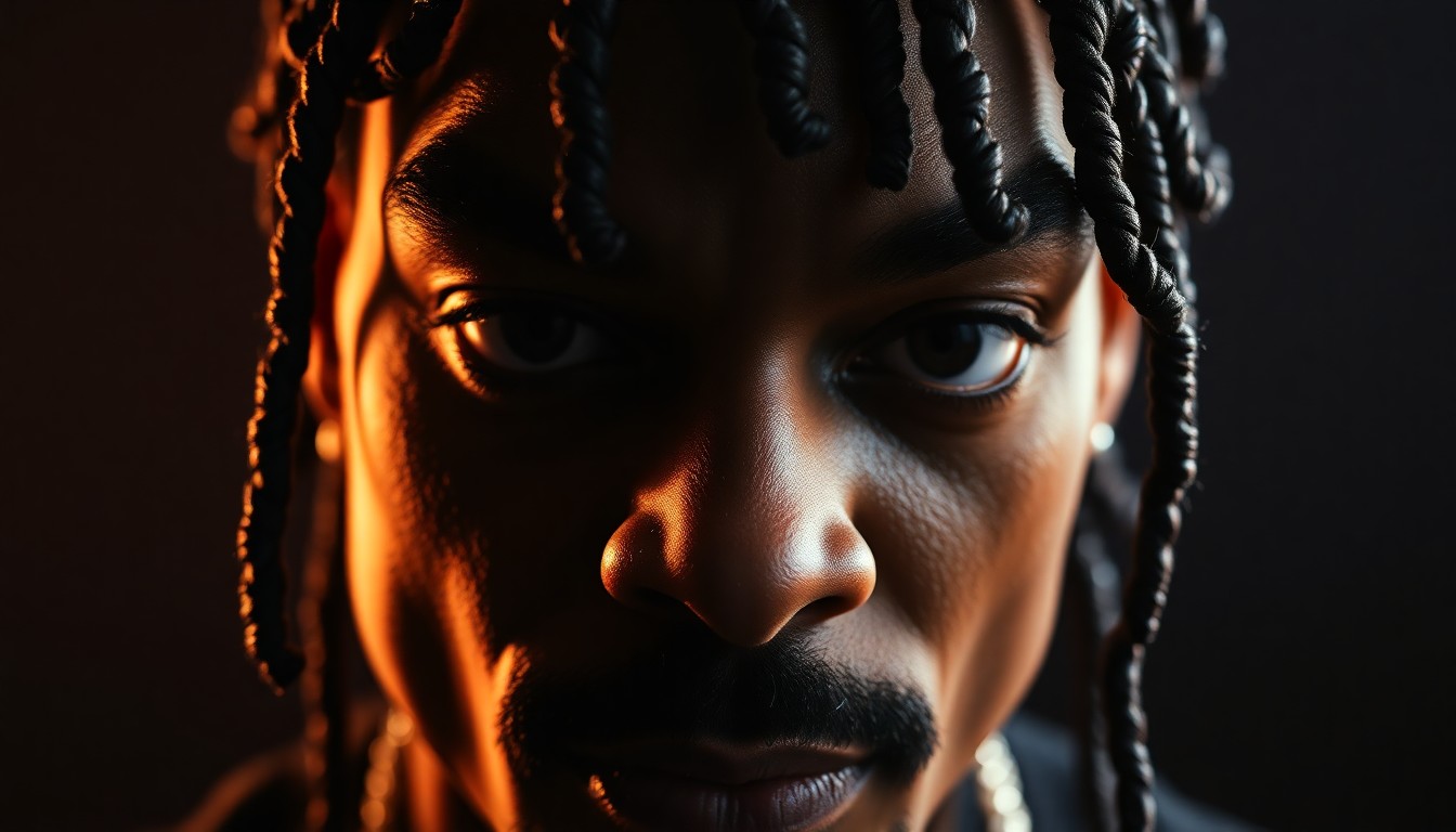An extreme close-up photograph of Snoop Dogg's braided hairstyle, captured in dramatic, high-contrast studio lighting to create a glitzy, high-fashion aesthetic.