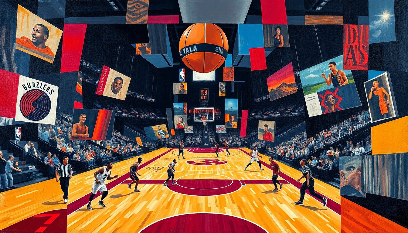 A cubist-style painting depicting a basketball game between the Portland Trail Blazers and Cleveland Cavaliers, with the players and court broken down into sharp, overlapping geometric shapes and planes in a vibrant color palette.