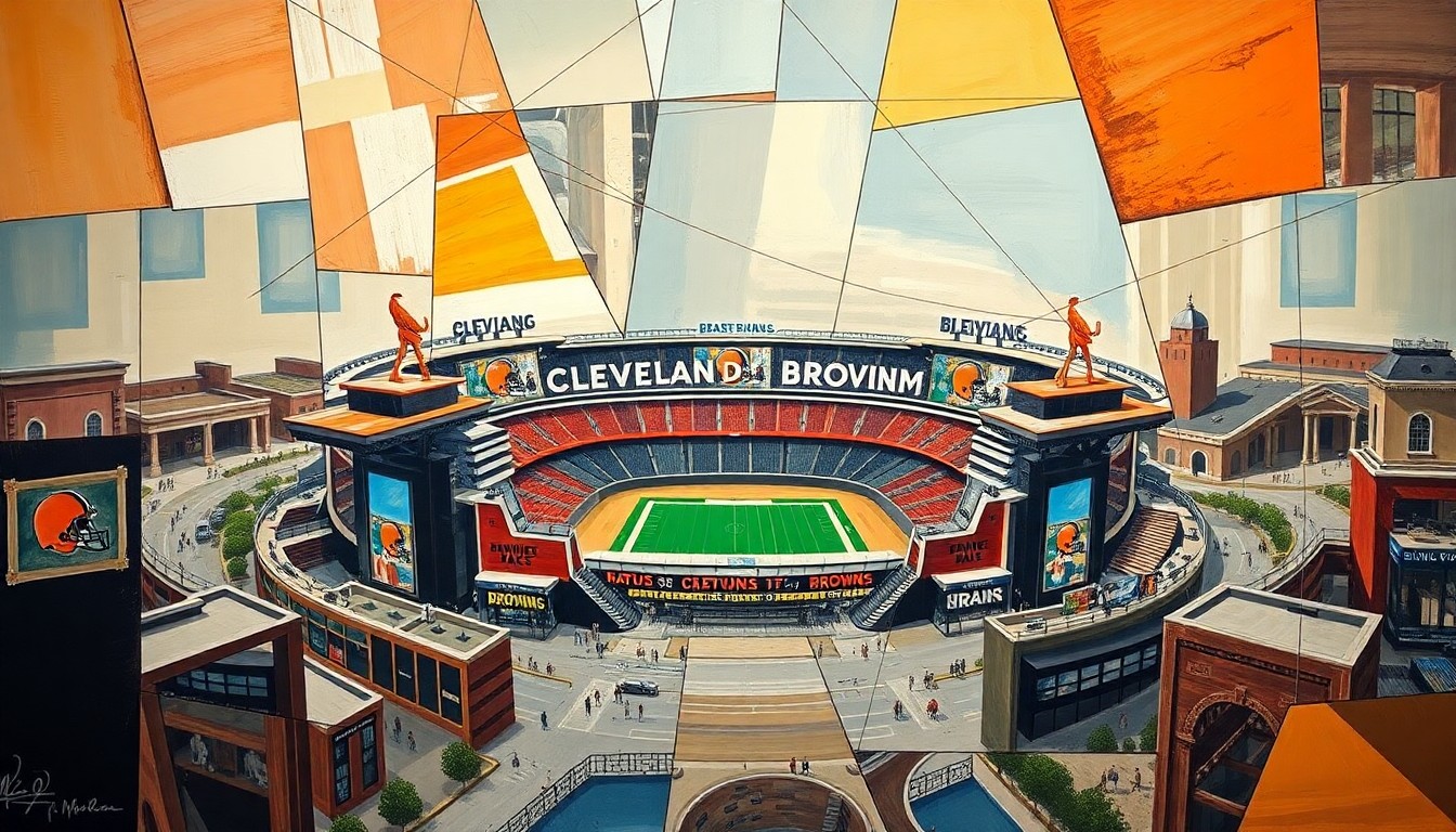 A fractured, multi-perspective painting in a cubist style, depicting the various elements of the new Cleveland Browns stadium and surrounding development as sharp, overlapping geometric planes, conveying the ambitious and complex nature of the project.