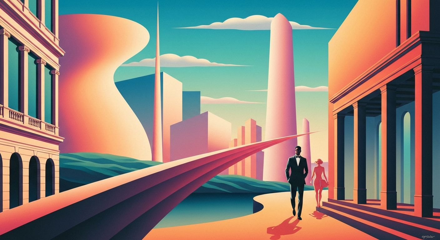 A highly stylized, geometric illustration depicting the grand scale and romance of European travel, with sweeping gradients and streamlined forms, conveying the cultural sensitivity required when navigating tipping customs abroad.