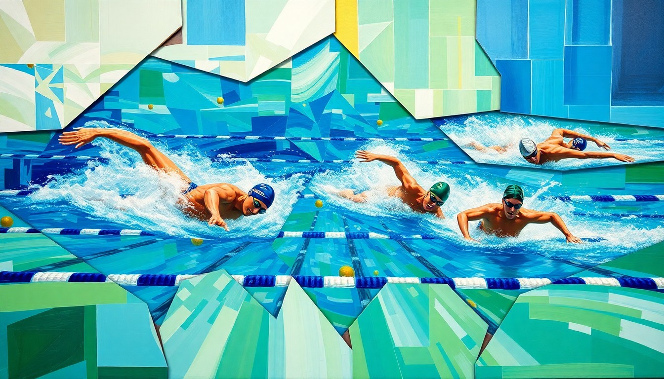 A cubist, geometric painting depicting a swimming competition, with overlapping planes of blue, green, and gold representing the water, swimmers, and medals. The fragmented, multi-perspective style captures the dynamic energy and tactical considerations of elite-level collegiate swimming.