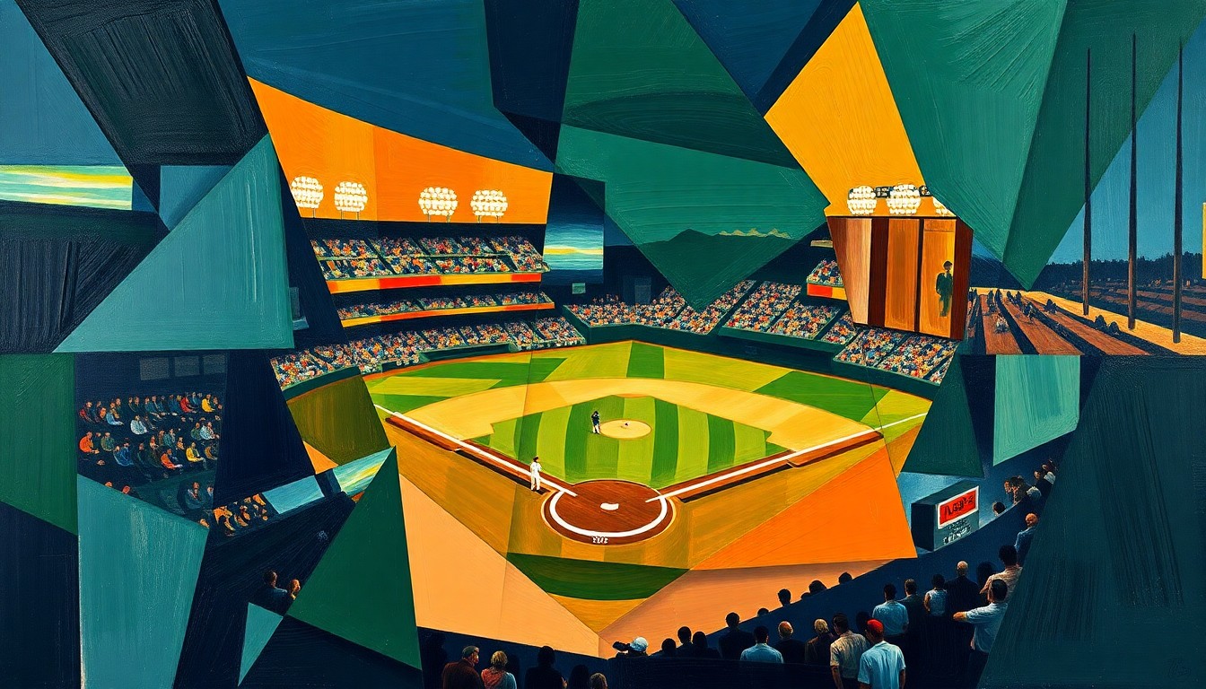 A fractured, geometric painting depicting a baseball game or match, with sharp, overlapping planes in navy, green, and orange, conveying the multifaceted nature of Lynchburg's remarkable sports history.